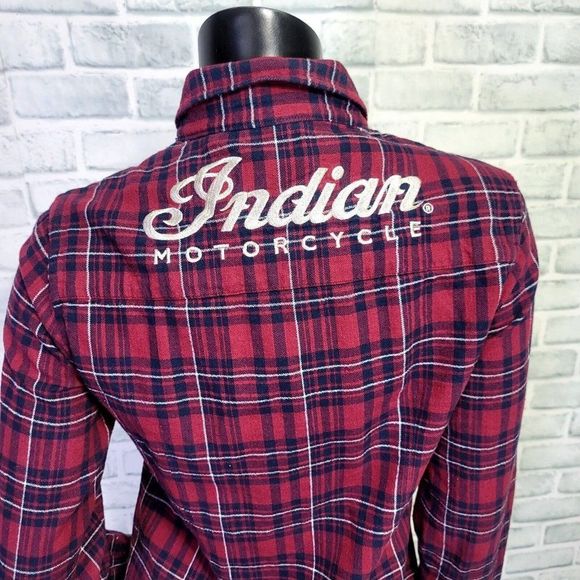 Indian Motorcycles Womens S Red Plaid Shirt with Embroidered Logo Back Roll Tab - Picture 8 of 13